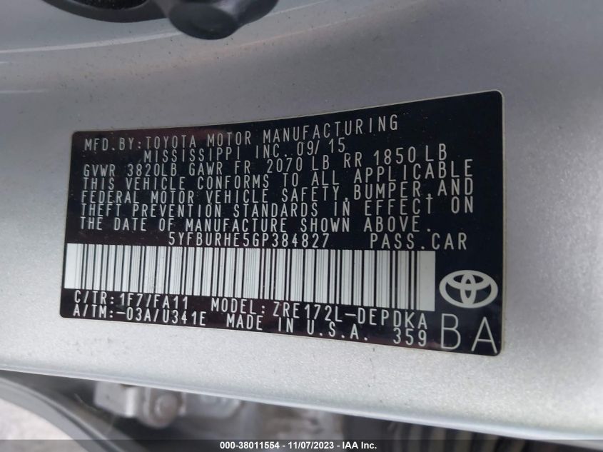2016 TOYOTA COROLLA L/LE/LE PLS/PRM/S/S PLS - 5YFBURHE5GP384827