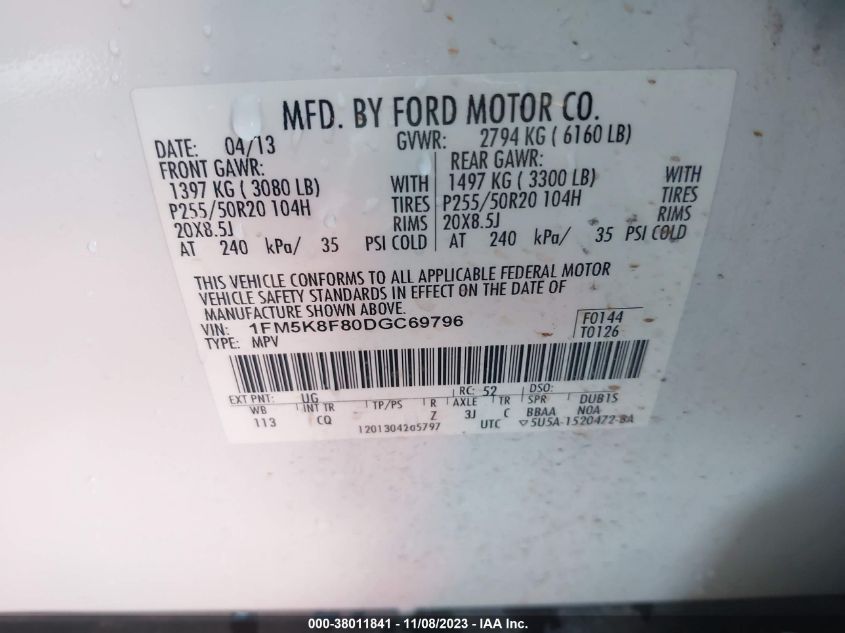 2013 FORD EXPLORER LIMITED - 1FM5K8F80DGC69796