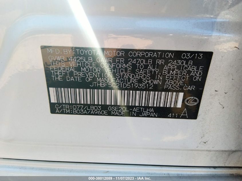 2013 LEXUS IS 250 - JTHBF5C21D5193512