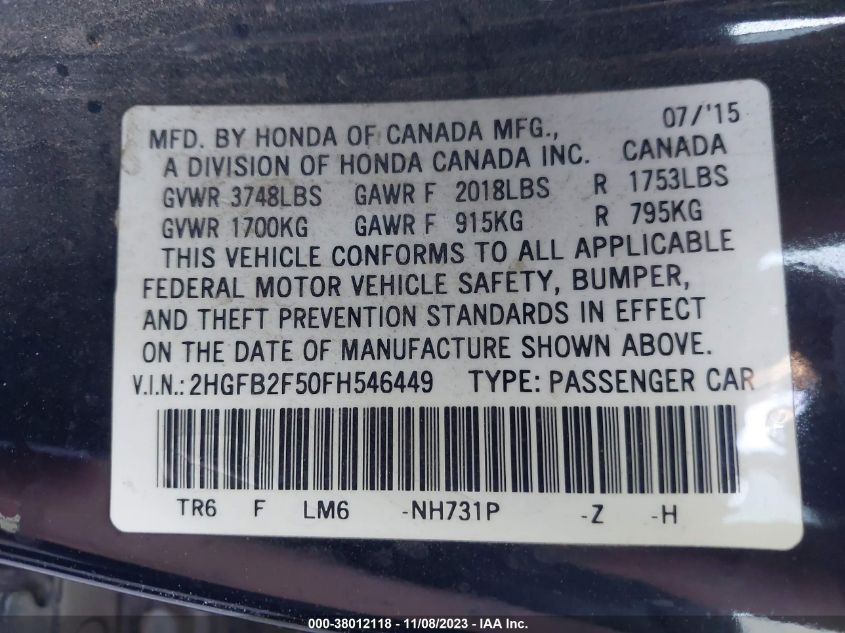 2015 HONDA CIVIC LX - 2HGFB2F50FH546449