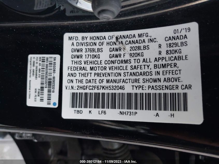 2HGFC2F67KH532046 Honda Civic Sedan LX 9