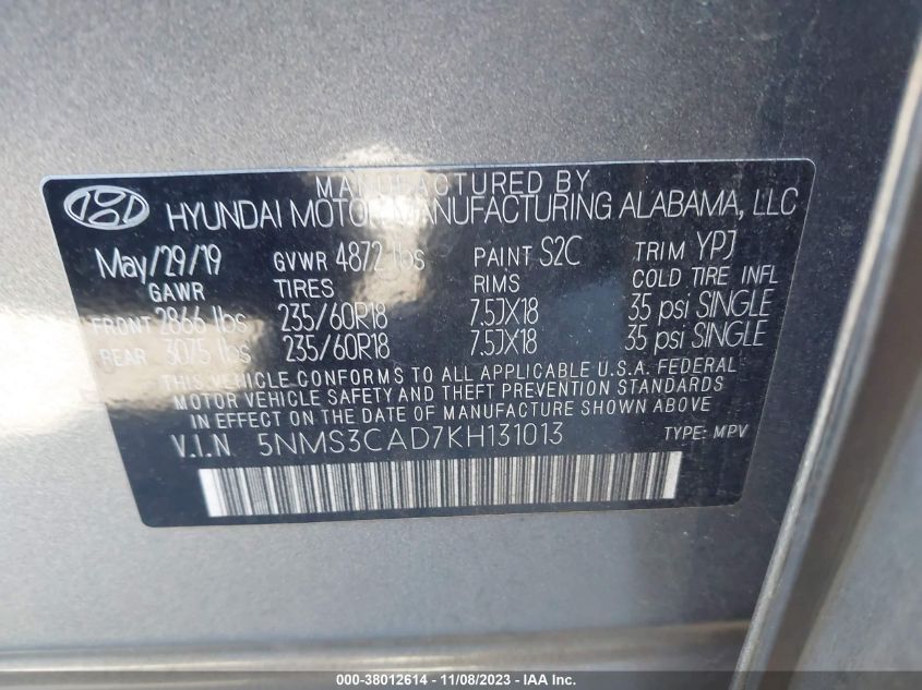 2019 HYUNDAI SANTA FE SEL/SEL PLUS - 5NMS3CAD7KH131013