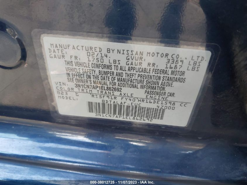 2014 NISSAN VERSA 1.6 S - 3N1CN7AP1EL862692