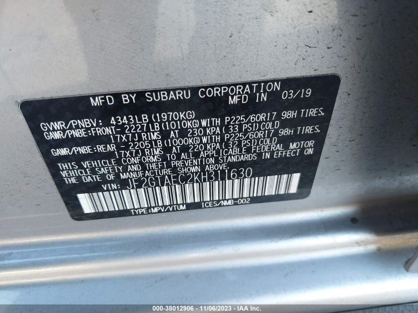 2019 SUBARU CROSSTREK PREMIUM - JF2GTAEC2KH311630