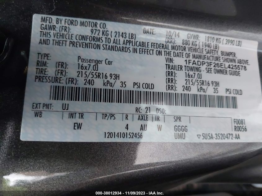 2014 FORD FOCUS SE - 1FADP3F26EL425578