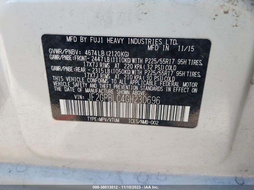 2016 SUBARU CROSSTREK HYBRID TOURING JF2GPBLC4GH230696