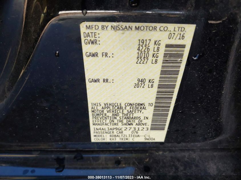 2016 NISSAN ALTIMA 2.5/S/SV/SL/SR - 1N4AL3AP9GC273123