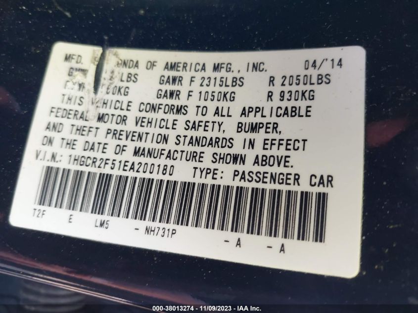 2014 HONDA ACCORD SPORT - 1HGCR2F51EA200180