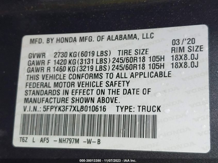 2020 HONDA RIDGELINE RTL - 5FPYK3F7XLB010616