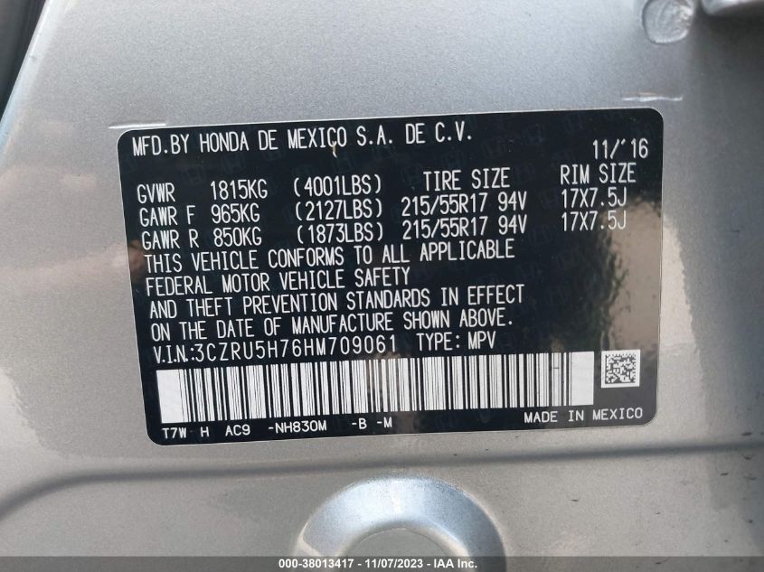 2017 HONDA HR-V EXL - 3CZRU5H76HM709061