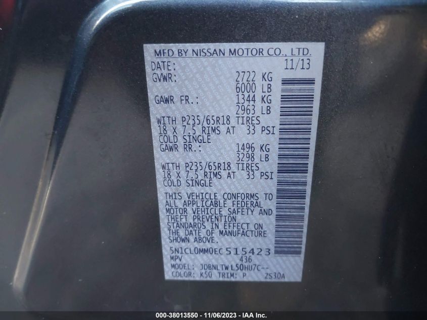 2014 INFINITI QX60 HYBRID - 5N1CL0MM0EC515423