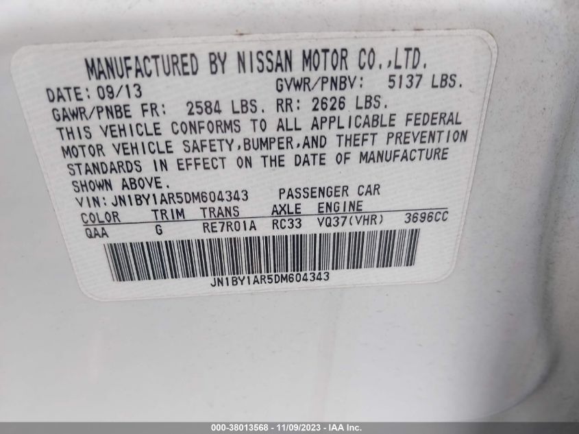 2013 INFINITI M37X - JN1BY1AR5DM604343