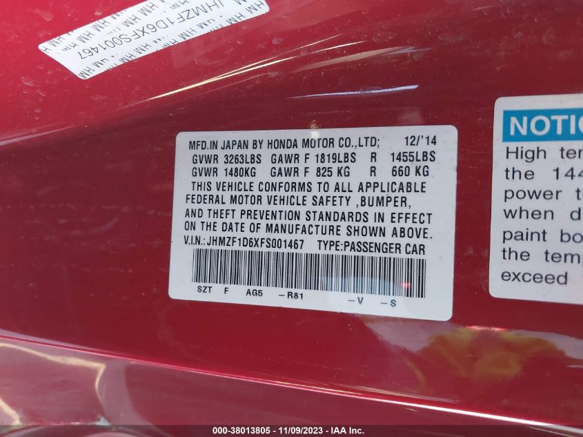 2015 HONDA CR-Z EX - JHMZF1D6XFS001467