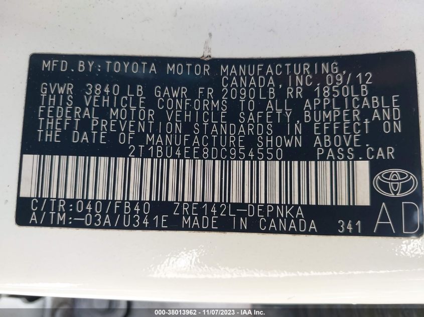 2013 TOYOTA COROLLA S/LE - 2T1BU4EE8DC954550