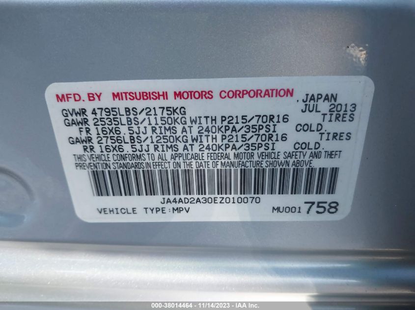 2014 MITSUBISHI OUTLANDER ES - JA4AD2A30EZ010070
