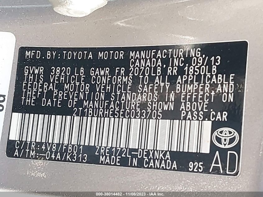 2014 TOYOTA COROLLA L/LE/LE PLS/PRM/S/S PLS - 2T1BURHE5EC033705