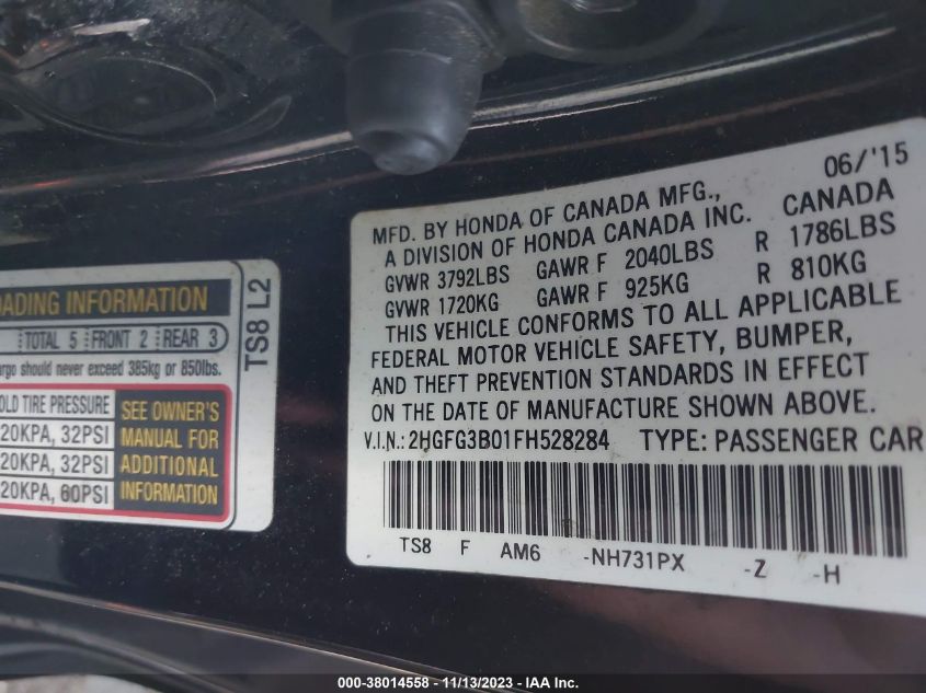 2015 HONDA CIVIC EX-L - 2HGFG3B01FH528284
