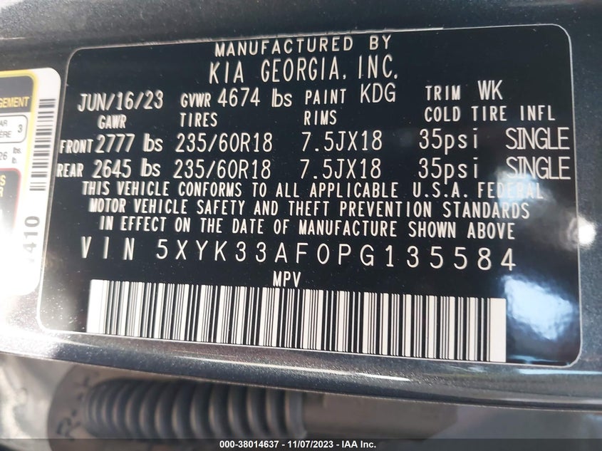 VIN 5XYK33AF0PG135584 2023 KIA SPORTAGE EX