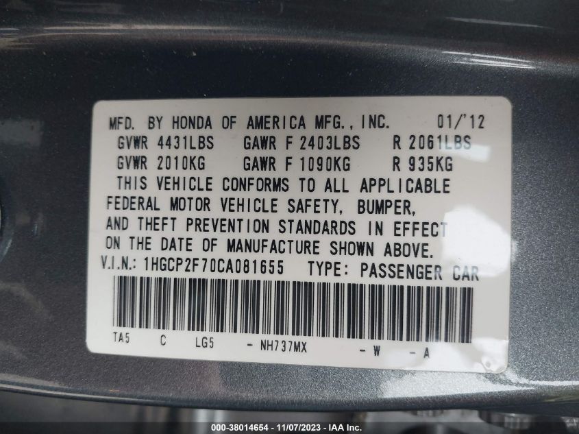 1HGCP2F70CA081655 | 2012 HONDA ACCORD