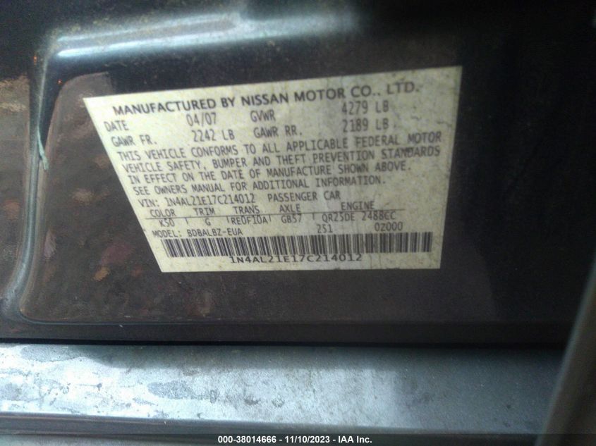 1N4AL21E17C214012 | 2007 NISSAN ALTIMA