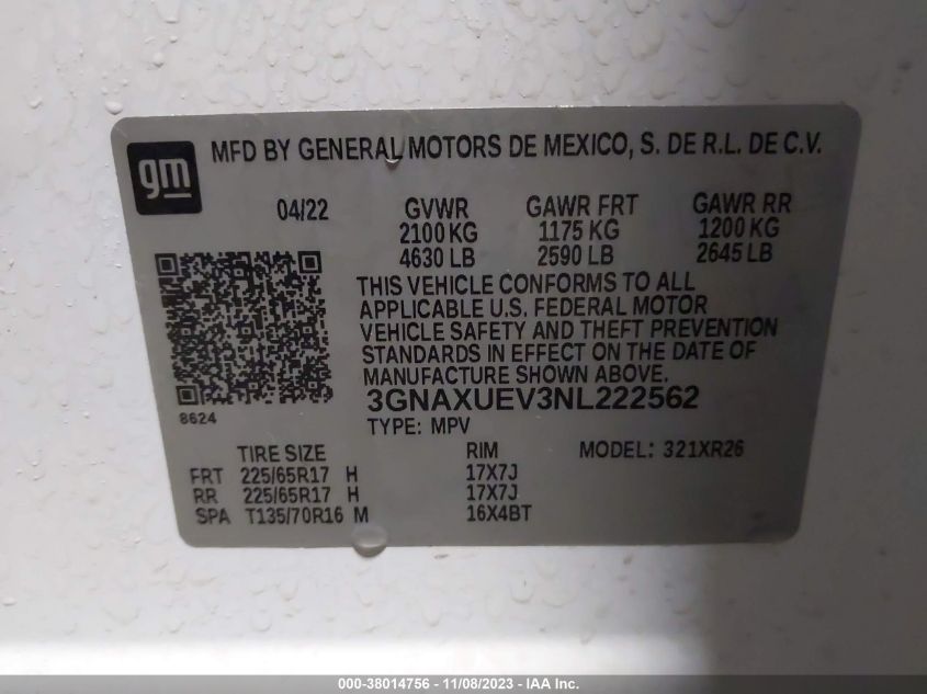 2022 CHEVROLET EQUINOX LT - 3GNAXUEV3NL222562