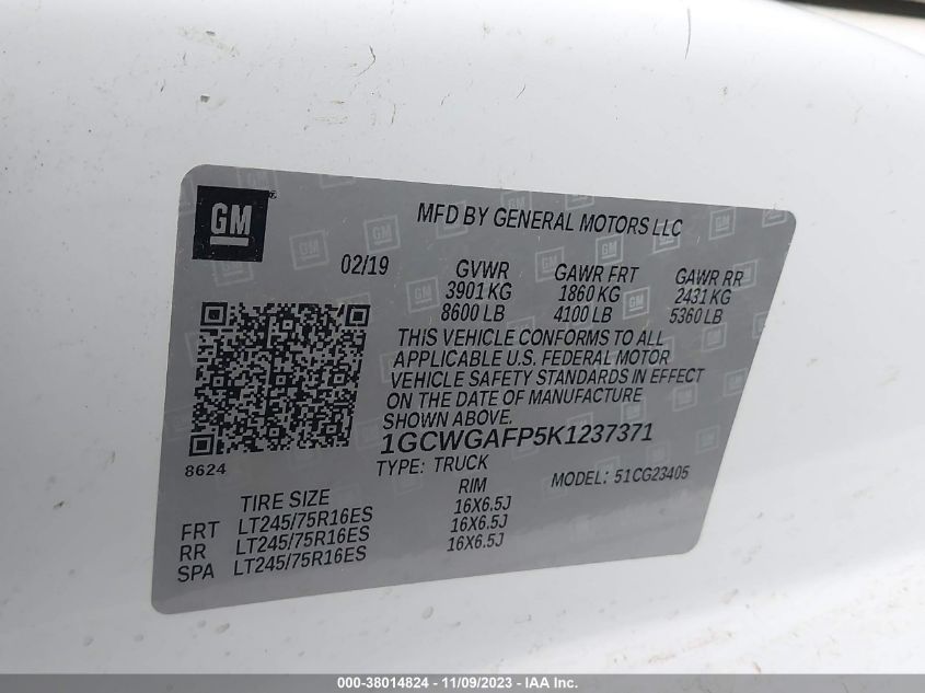 2019 CHEVROLET EXPRESS 2500 WORK VAN 1GCWGAFP5K1237371