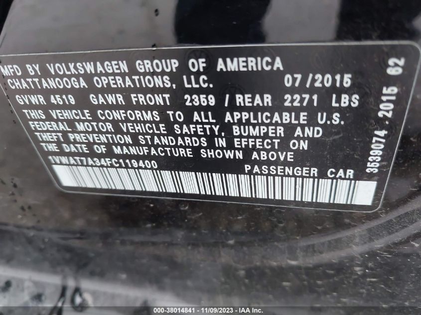 2015 VOLKSWAGEN PASSAT S - 1VWAT7A34FC119400