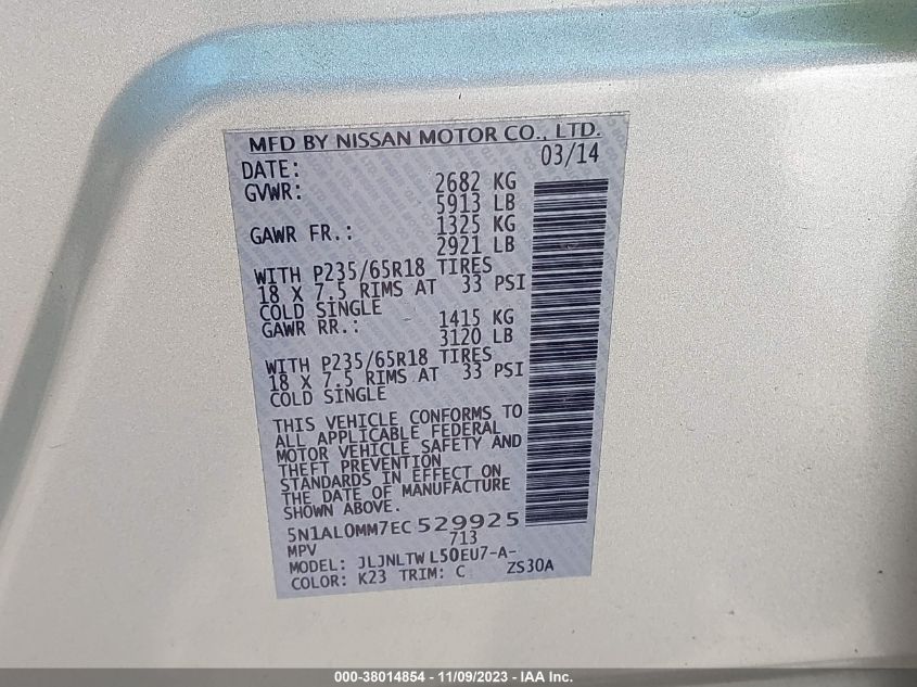 2014 INFINITI QX60 - 5N1AL0MM7EC529925