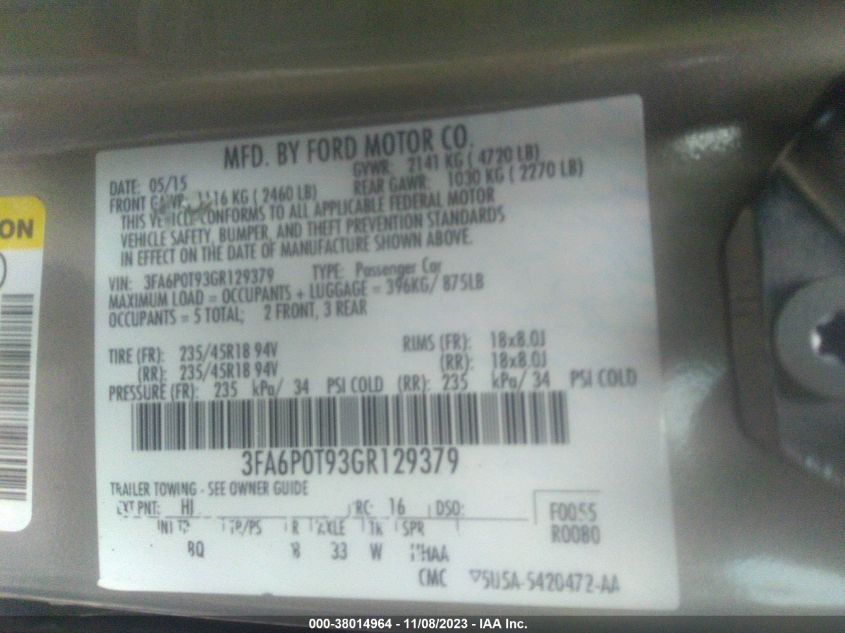 2016 FORD FUSION SE - 3FA6P0T93GR129379