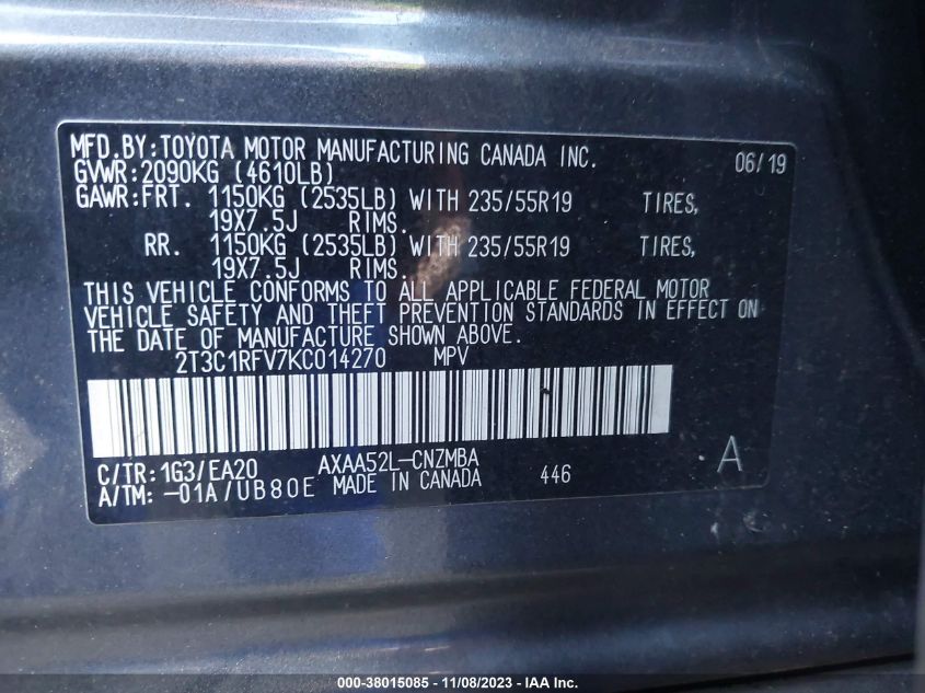 2019 TOYOTA RAV4 XLE PREMIUM - 2T3C1RFV7KC014270