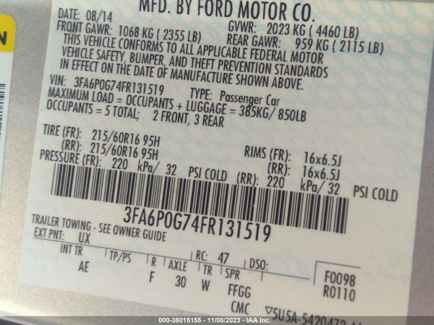 2015 FORD FUSION S - 3FA6P0G74FR131519
