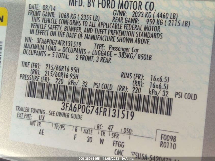 3FA6P0G74FR131519 | 2015 FORD FUSION