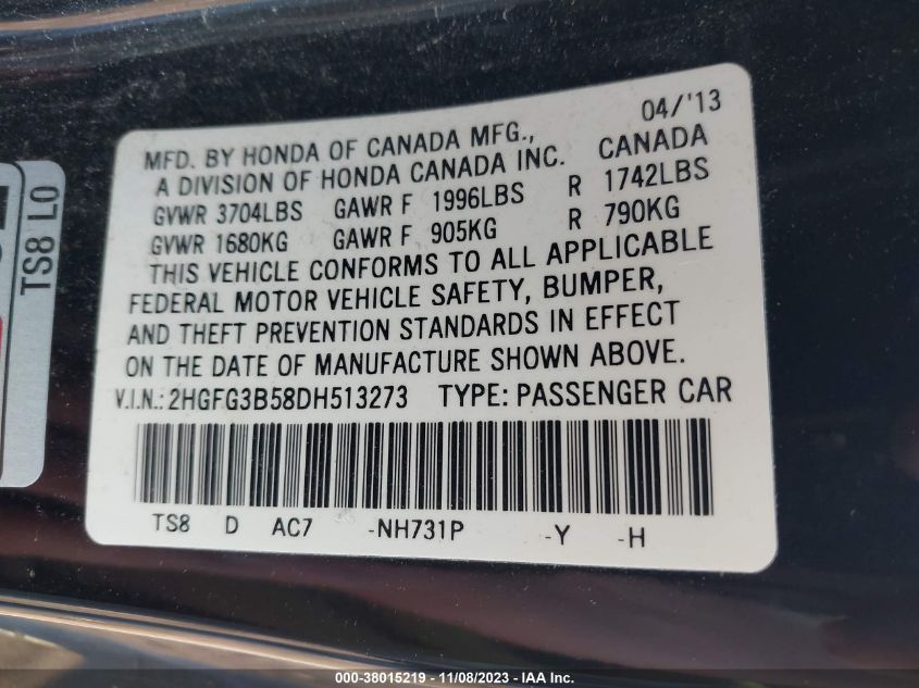 2013 HONDA CIVIC CPE LX 2HGFG3B58DH513273