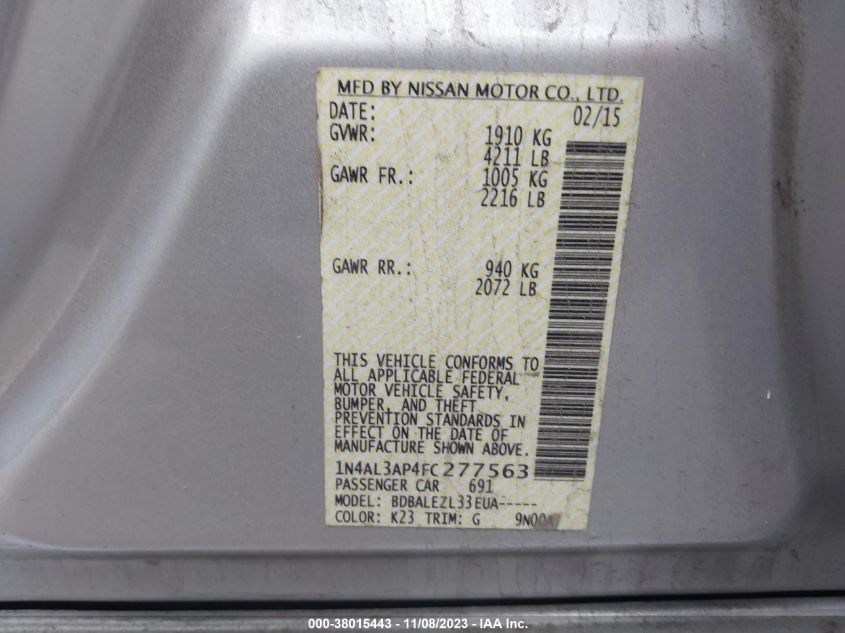 2015 NISSAN ALTIMA 2.5/2.5 S/2.5 SL/2.5 SV - 1N4AL3AP4FC277563