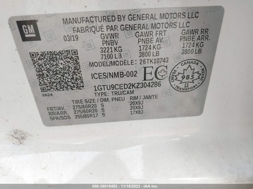 2019 GMC SIERRA 1500 ELEVATION - 1GTU9CED2KZ304286