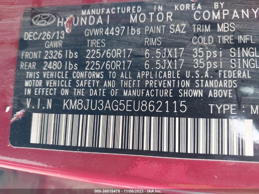 2014 HYUNDAI TUCSON SE - KM8JU3AG5EU862115