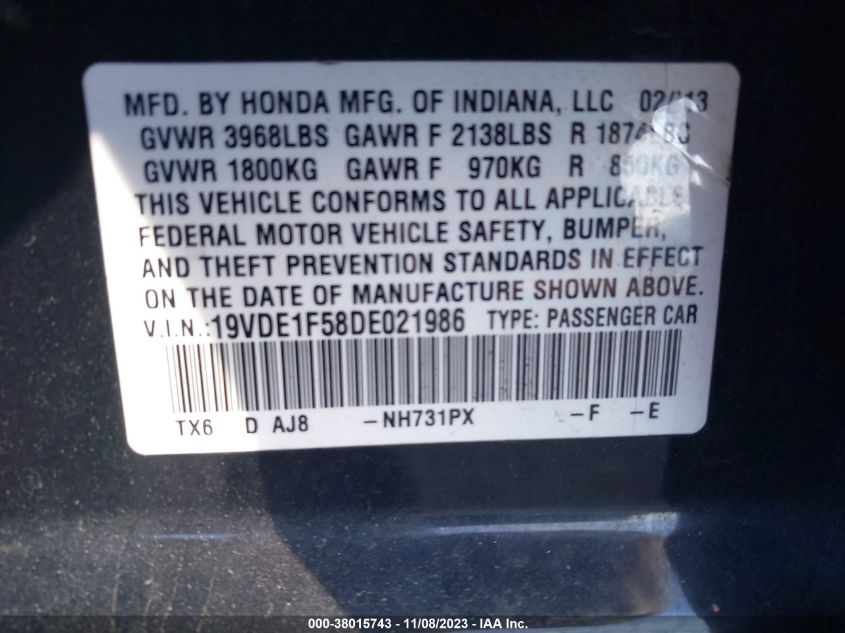 2013 ACURA ILX PREMIUM PKG - 19VDE1F58DE021986