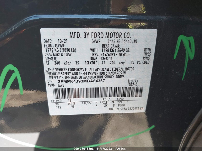VIN 2FMPK4J93MBA64367 2021 FORD EDGE SEL