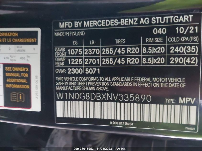 2022 MERCEDES-BENZ GLC 300 SUV - W1N0G8DBXNV335890