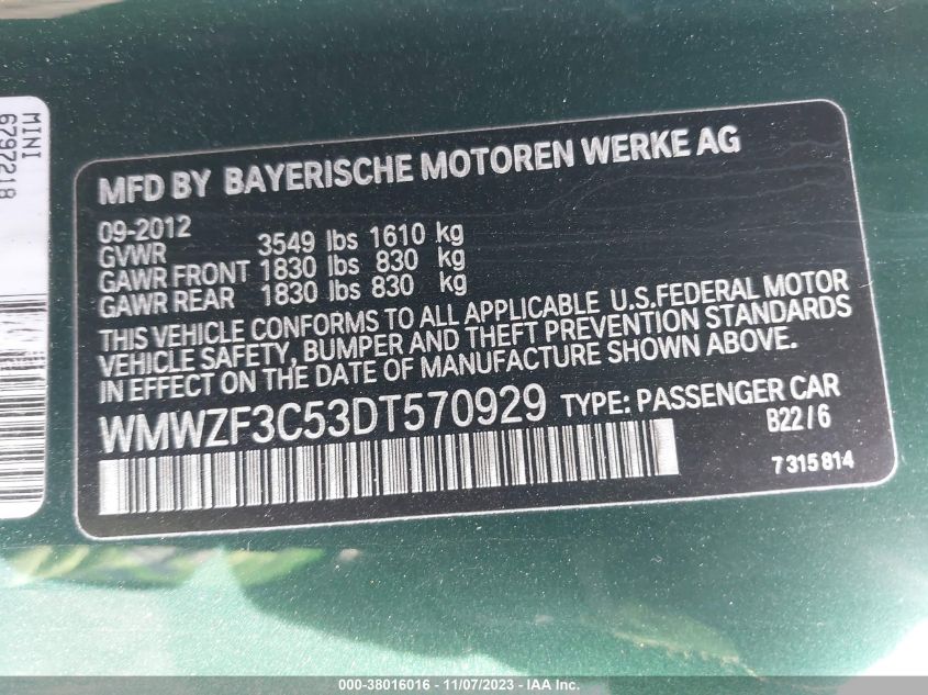 2013 MINI COOPER CLUBMAN WMWZF3C53DT570929