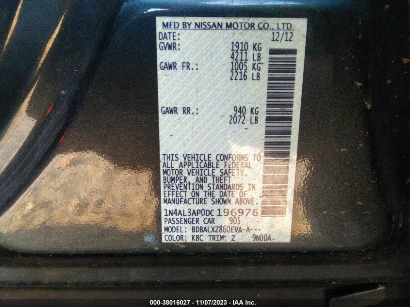 2013 NISSAN ALTIMA 2.5/S/SV/SL - 1N4AL3AP0DC196976