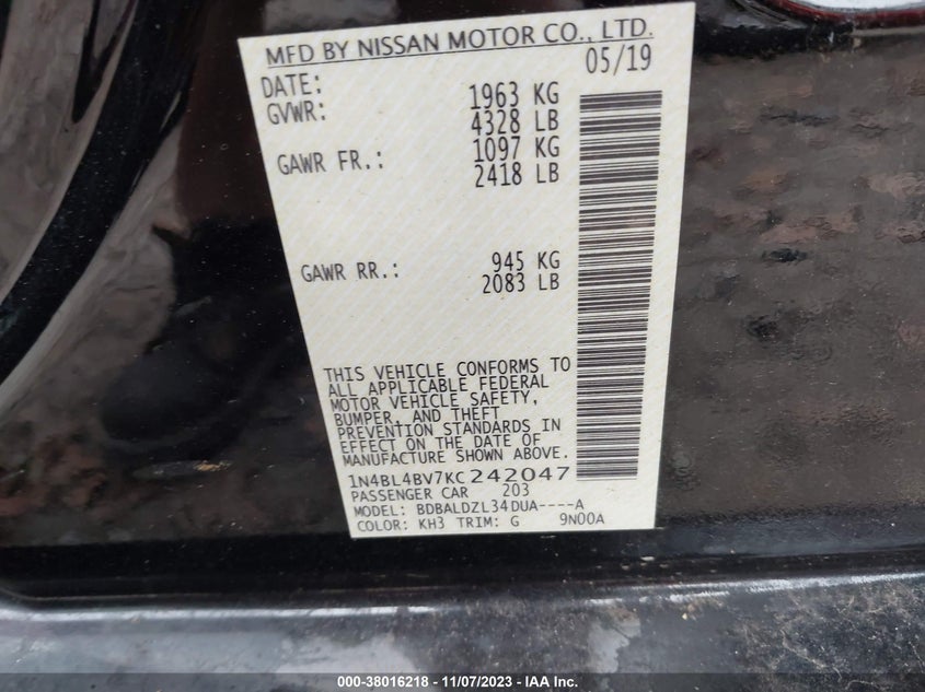 VIN 1N4BL4BV7KC242047 2019 NISSAN ALTIMA S