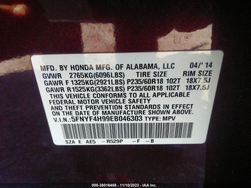 2014 HONDA PILOT TOURING - 5FNYF4H99EB046303