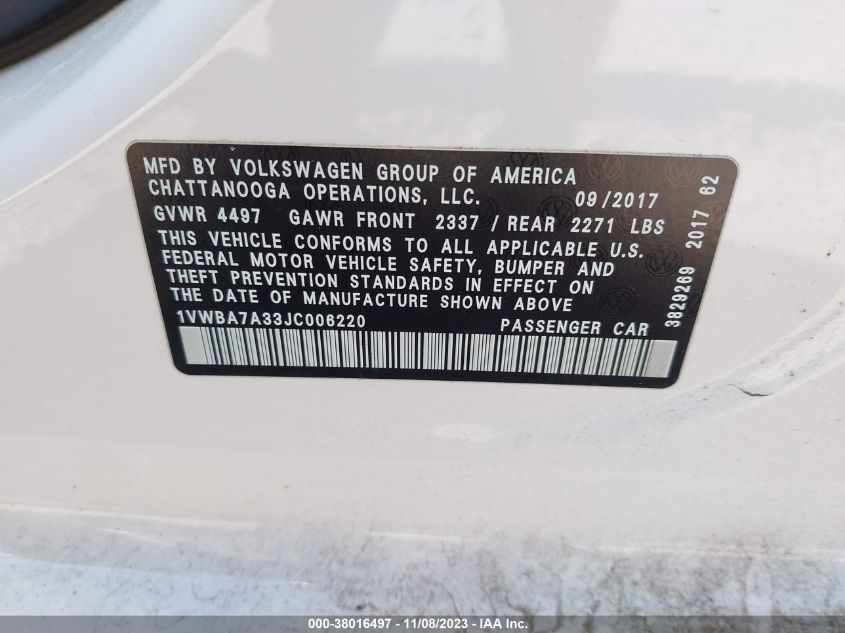2018 VOLKSWAGEN PASSAT SE - 1VWBA7A33JC006220