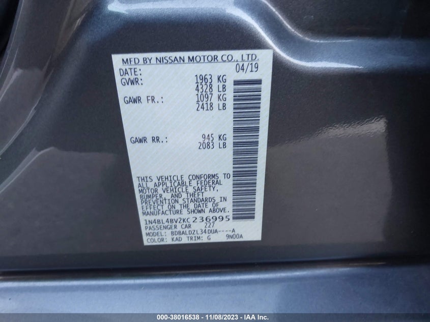 VIN 1N4BL4BV2KC236995 2019 NISSAN ALTIMA S
