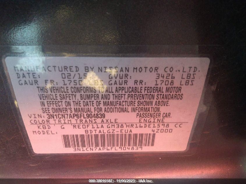2015 NISSAN VERSA SL - 3N1CN7AP6FL904839