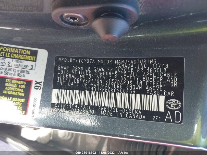 2019 TOYOTA COROLLA L/LE/XLE/SE/XSE - 2T1BURHE8KC208766