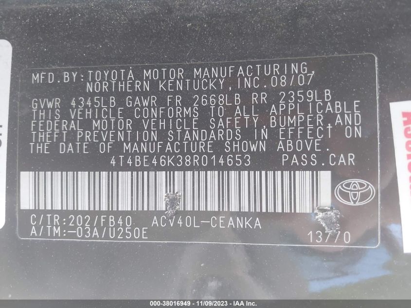 4T4BE46K38R014653 | 2008 TOYOTA CAMRY