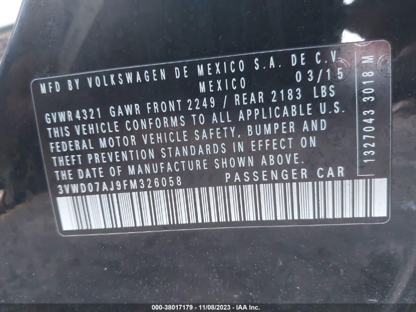 2015 VOLKSWAGEN JETTA SE - 3VWD07AJ9FM326058