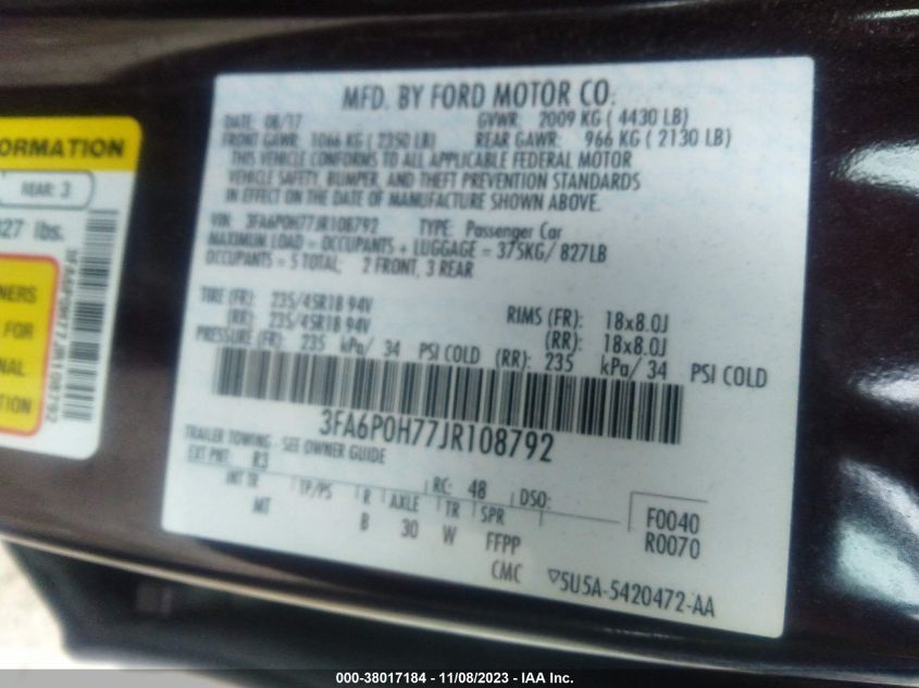 2018 FORD FUSION SE - 3FA6P0H77JR108792
